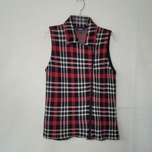 Chaps Womens Vest M Medium Plaid Sleeveless Knit Zip Up Red Black White Sweater